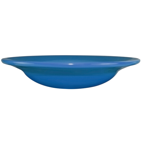 A light blue stoneware deep rim soup bowl with a white background.