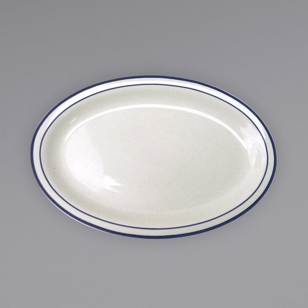 An International Tableware Danube narrow rim stoneware platter with blue bands on a white background.