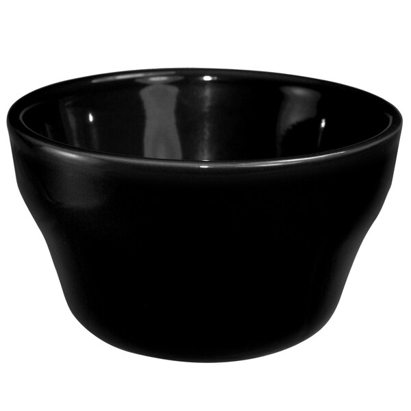 A black International Tableware stoneware bouillon bowl.