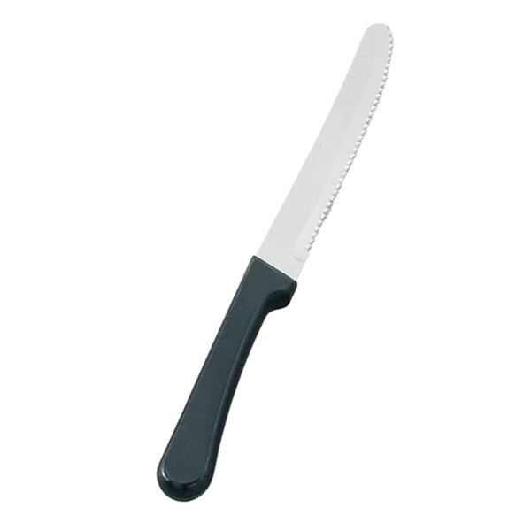 A white knife with a black handle.