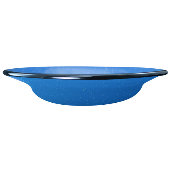 An International Tableware Campfire ocean blue stoneware bowl with a black rim.