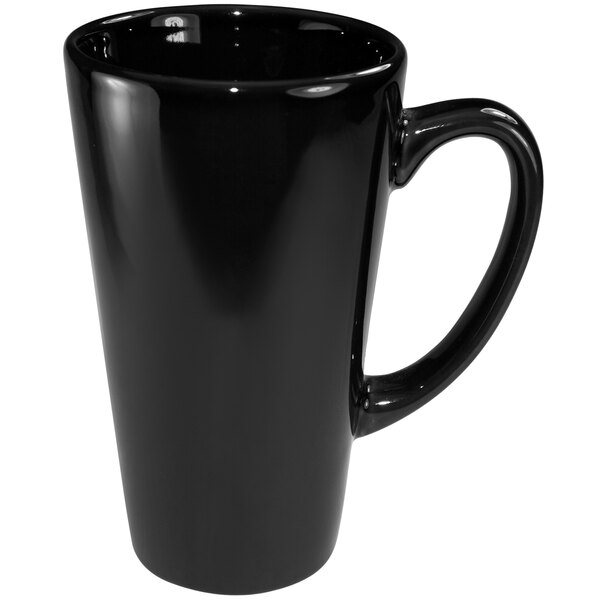 A black International Tableware stoneware funnel cup with a handle.
