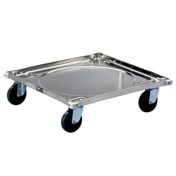 A metal tray with black wheels.