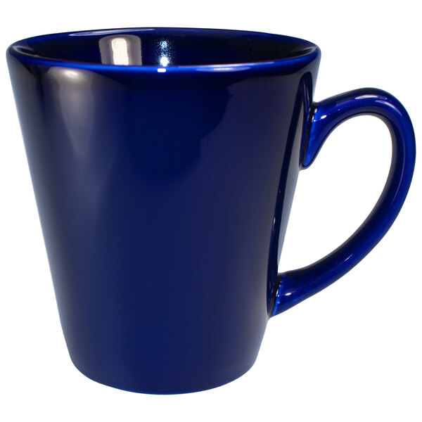 An International Tableware cobalt blue stoneware funnel cup with a handle.