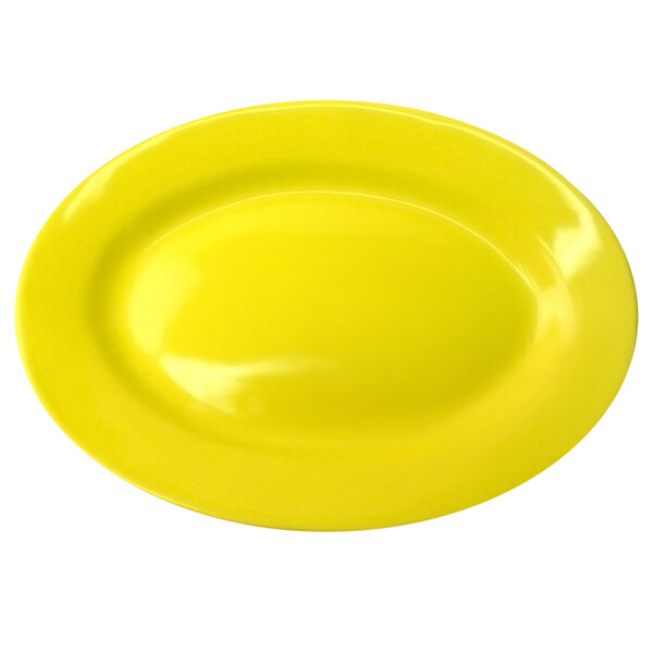 A yellow platter with a wide rim on a white background.