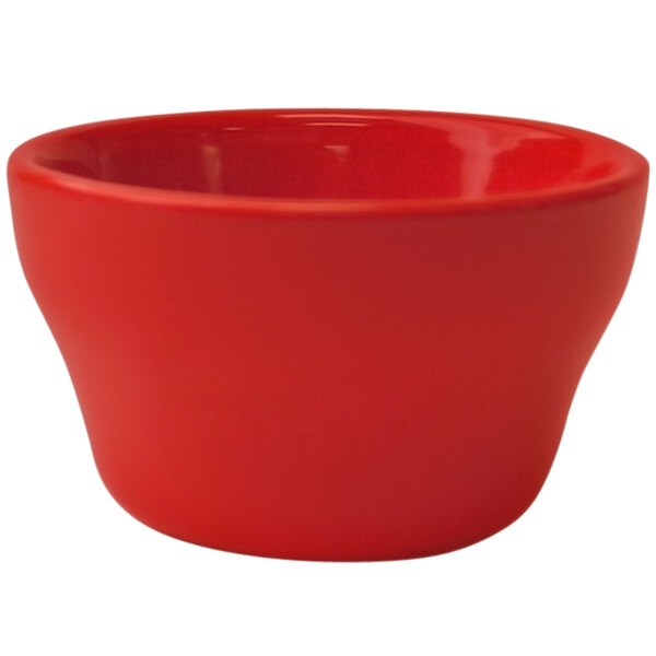 A close up of a International Tableware crimson red stoneware bouillon bowl.