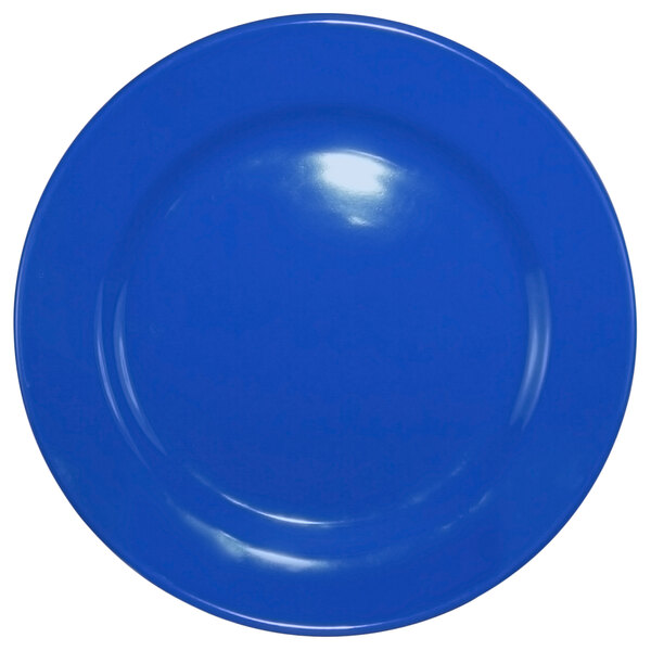 A light blue stoneware plate with a rolled edge.