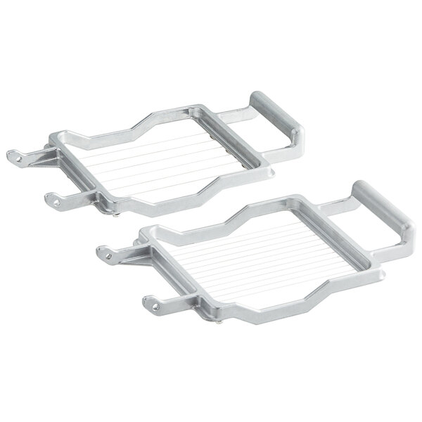 A pair of white plastic racks with metal blades on them.