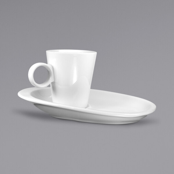 A close up of a white International Tableware Milano cup on a saucer.