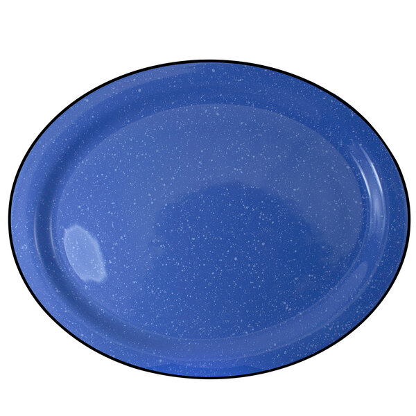 An International Tableware Campfire ocean blue stoneware platter with a black speckled border.