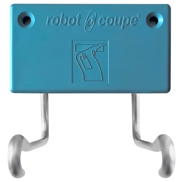 A blue Robot Coupe wall rack with metal hooks.