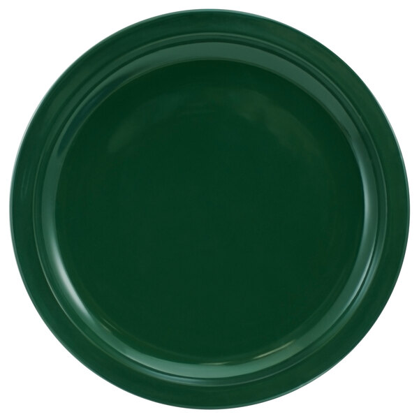 A close-up of a green International Tableware Cancun stoneware plate with a rim.