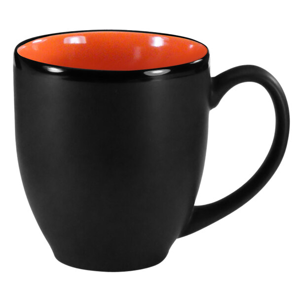 An orange stoneware bistro cup with a black rim and interior.