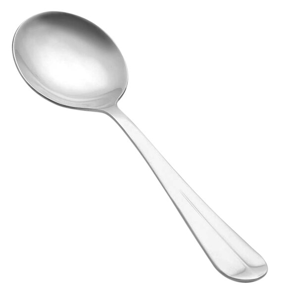 A silver Vollrath Queen Anne bouillon spoon with a white background.
