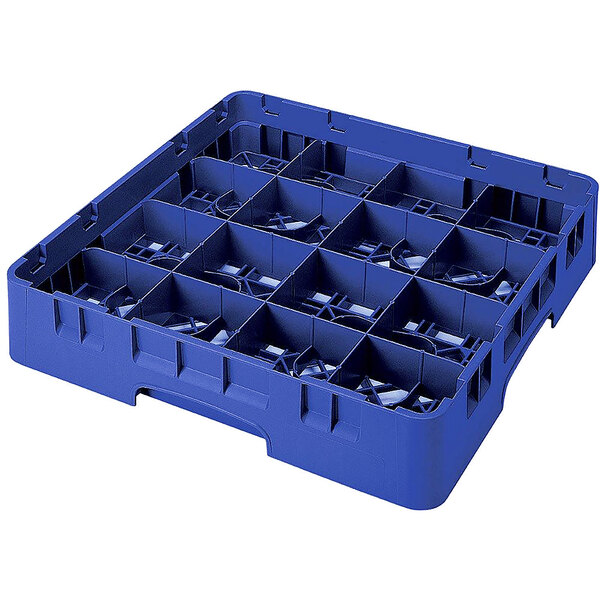 A navy blue plastic Cambro glass rack with 16 compartments and 6 extenders.