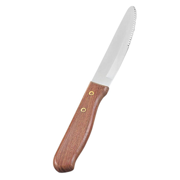 A Vollrath stainless steel steak knife with a jumbo wood handle.