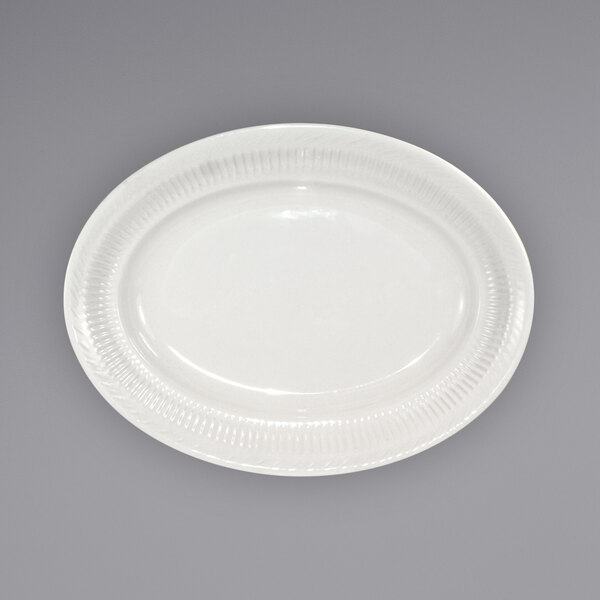 An ivory stoneware platter with a rolled edge and embossed pattern.