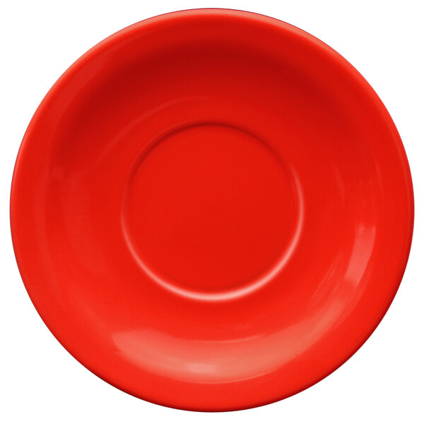 A red plate with a circle in the middle.