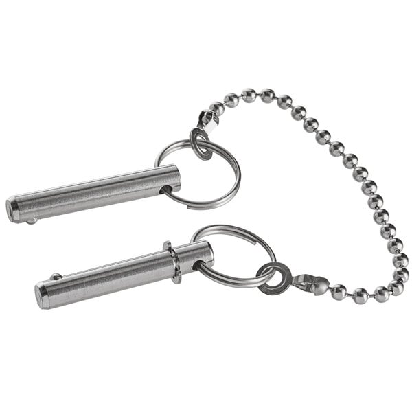 Two metal chains with metal pins attached to them.