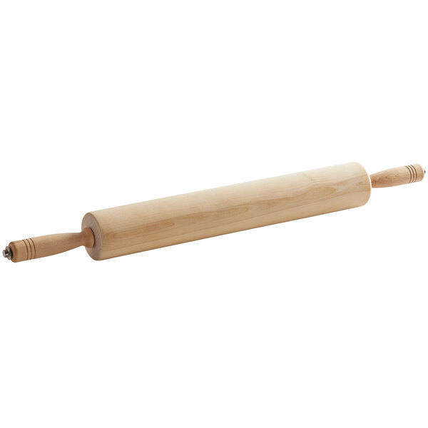An American Metalcraft wooden rolling pin with wooden handles.
