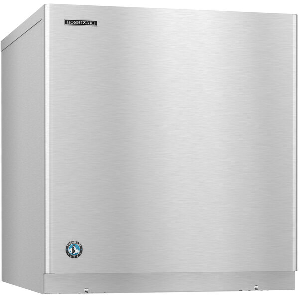 A silver rectangular Hoshizaki water cooled ice machine with a blue logo on a white background.