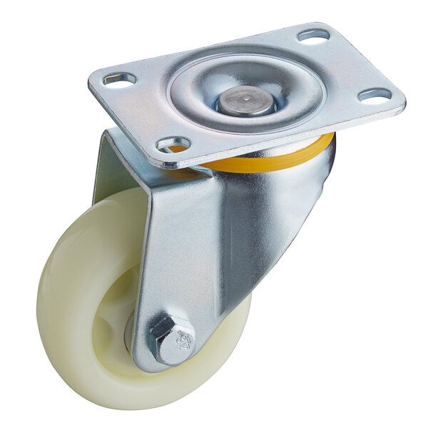 A white Avantco caster with a metal and plastic wheel.