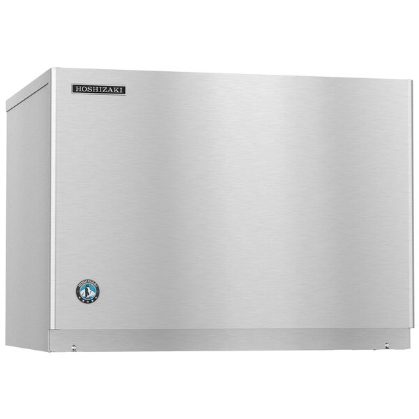 A stainless steel Hoshizaki water cooled ice machine with a blue logo on it.