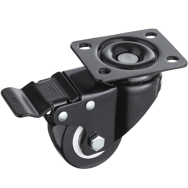 A black metal plate caster with a black wheel and round center.