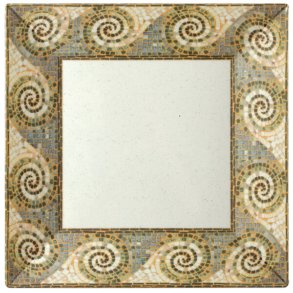 A white square melamine plate with a mosaic spiral pattern.