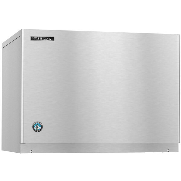 A stainless steel Hoshizaki air cooled ice machine with a blue logo on the door.