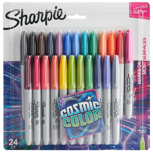 A white package of Sharpie Cosmic Color assorted fine point permanent markers.