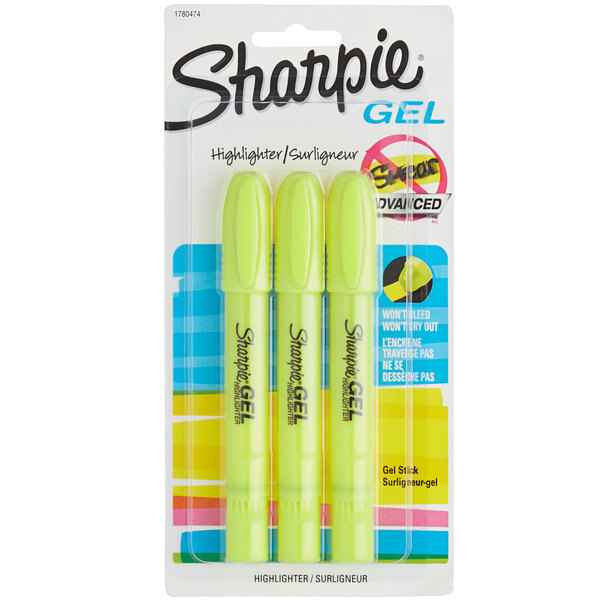A package of three Sharpie fluorescent yellow gel highlighters.