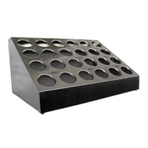 A black metal countertop organizer with holes in it.