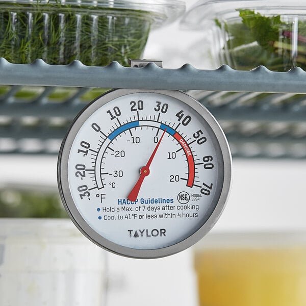 A Taylor refrigerator/freezer thermometer on a shelf.