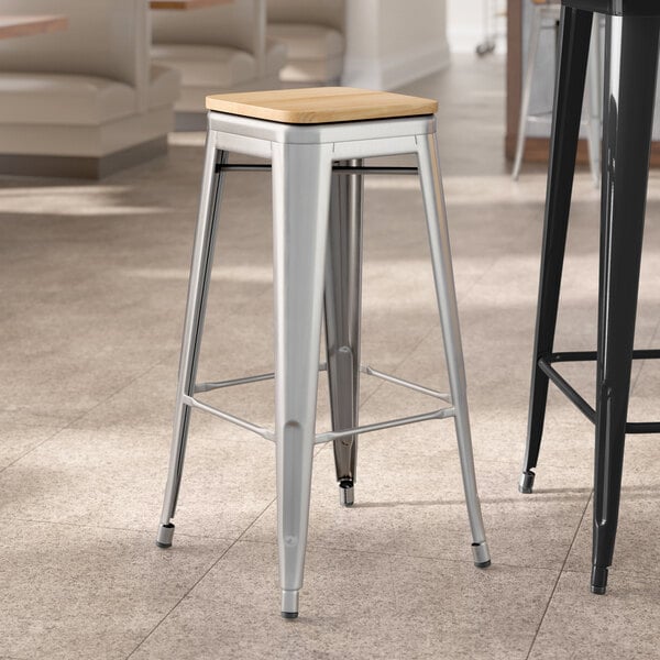 Lancaster Table & Seating Alloy Series Clear Coat Indoor Backless Barstool with Natural Wood Seat