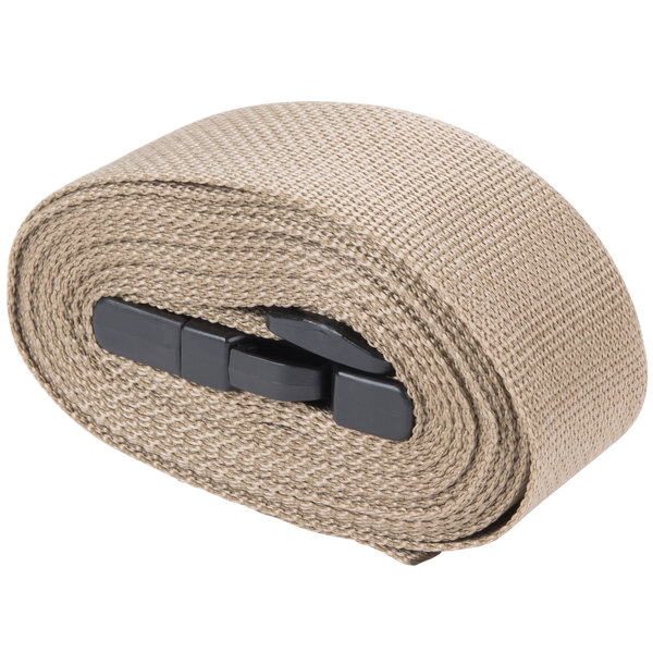 A tan fabric belt with black plastic clasps.