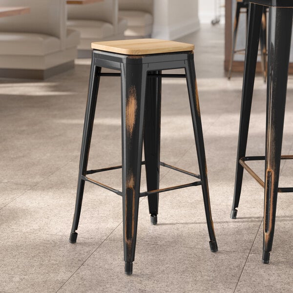 Lancaster Table & Seating Alloy Series Distressed Copper Indoor Backless Barstool with Natural Wood Seat