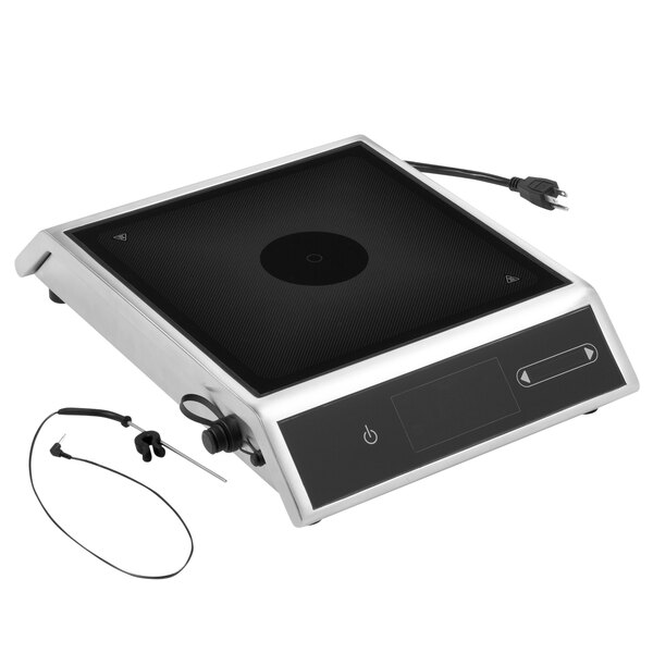 A black and silver Vollrath electronic induction range with a temperature probe.