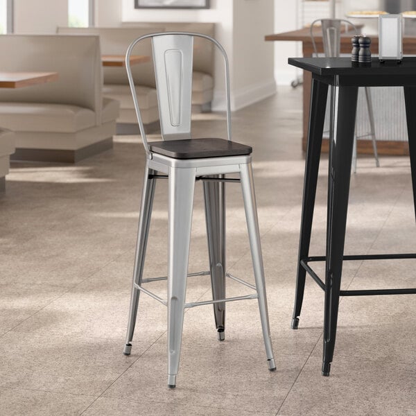 Lancaster Table & Seating Alloy Series Clear Coat Indoor Cafe Barstool with Black Wood Seat