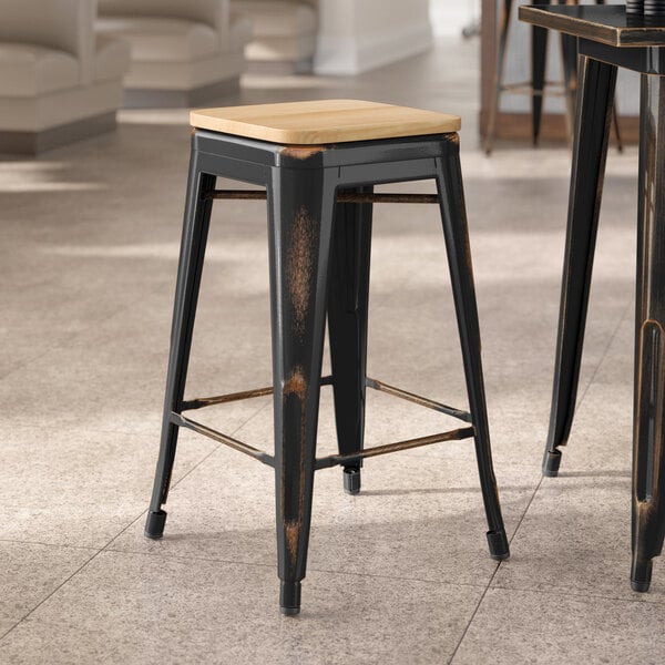 Lancaster Table & Seating Alloy Series Distressed Copper Indoor Backless Counter Height Stool with Natural Wood Seat