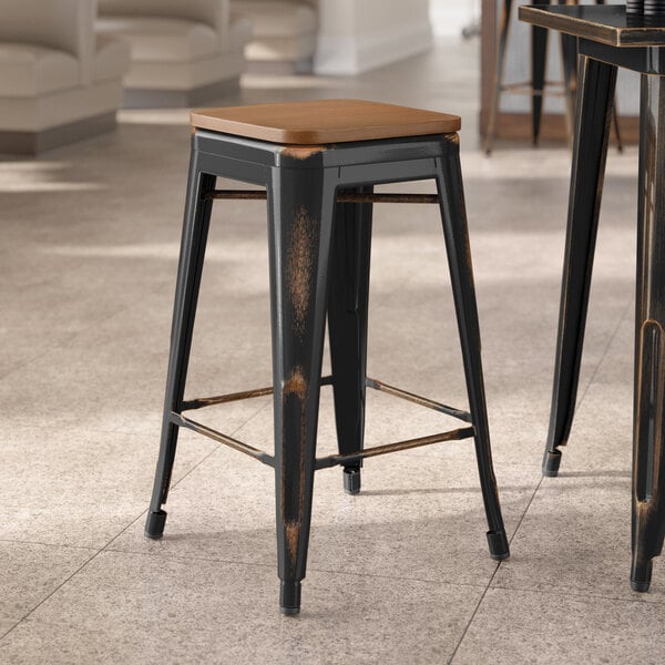 Lancaster Table & Seating Alloy Series Distressed Copper Indoor Backless Counter Height Stool with Walnut Wood Seat
