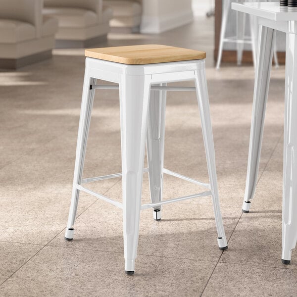 Lancaster Table & Seating Alloy Series White Indoor Backless Counter Height Stool with Natural Wood Seat