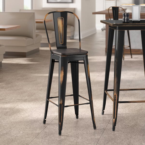 Lancaster Table & Seating Alloy Series Distressed Copper Indoor Cafe Barstool with Black Wood Seat