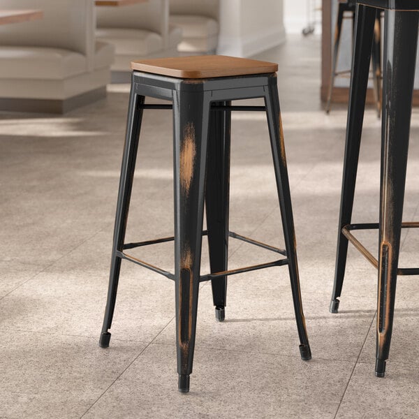 Lancaster Table & Seating Alloy Series Distressed Copper Indoor Backless Barstool with Walnut Wood Seat