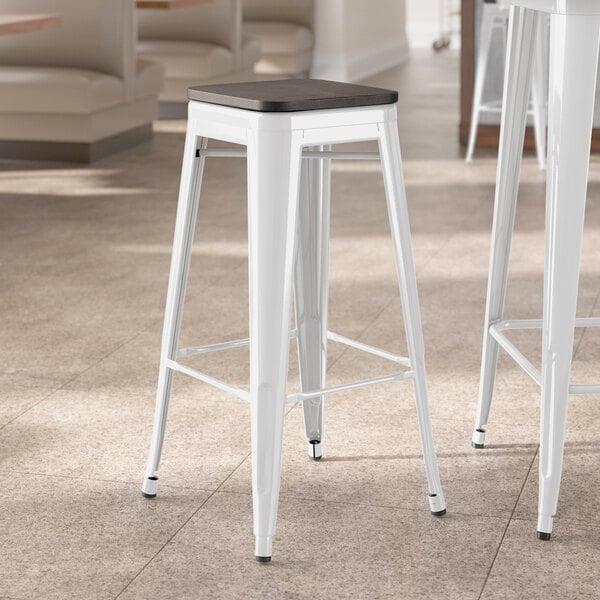 Lancaster Table & Seating Alloy Series White Indoor Backless Barstool with Black Wood Seat