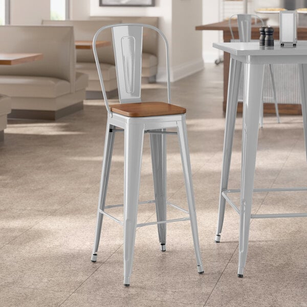 Lancaster Table & Seating Alloy Series Silver Indoor Cafe Barstool with Walnut Wood Seat