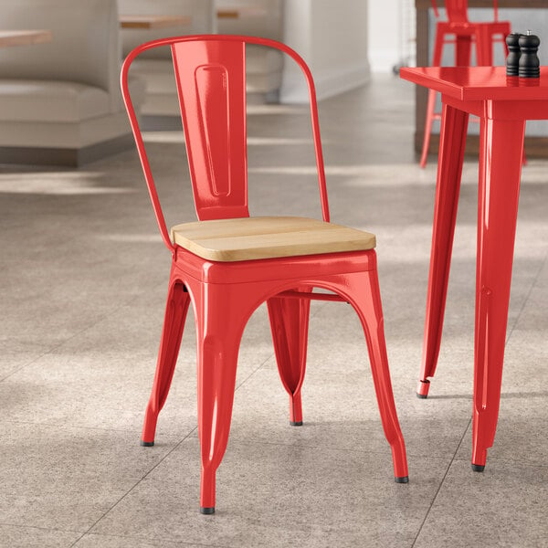 Lancaster Table & Seating Alloy Series Ruby Red Indoor Cafe Chair with Natural Wood Seat