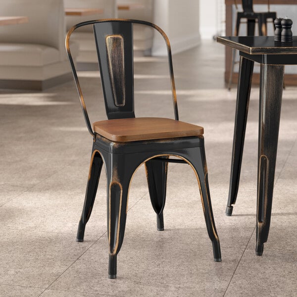 Lancaster Table & Seating Alloy Series Distressed Copper Indoor Cafe Chair with Walnut Wood Seat
