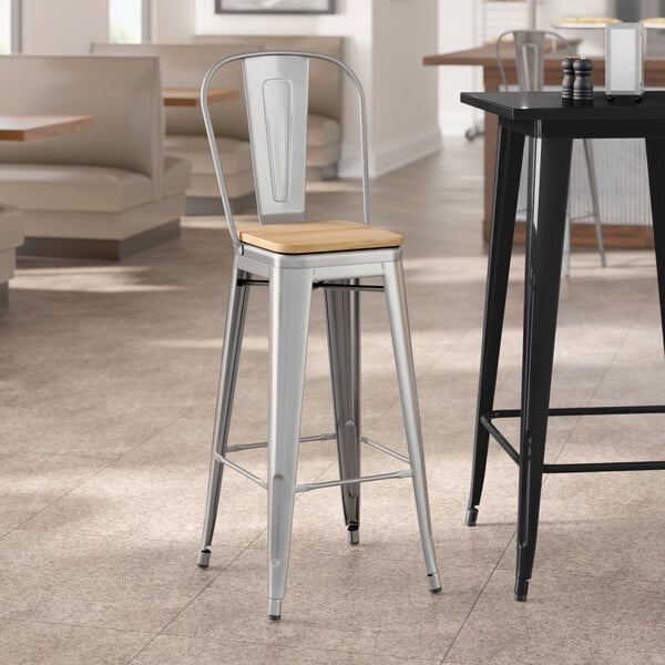 Lancaster Table & Seating Alloy Series Clear Coat Indoor Cafe Barstool with Natural Wood Seat