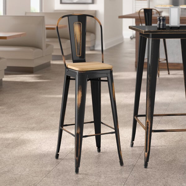 Lancaster Table & Seating Alloy Series Distressed Copper Indoor Cafe Barstool with Natural Wood Seat